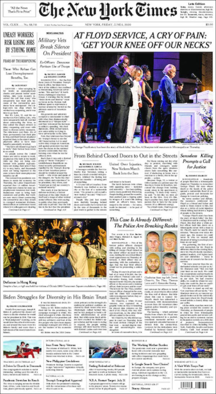 Tapas de diarios, The New York Times de EE.UU, viernes 5 de junio de 2020