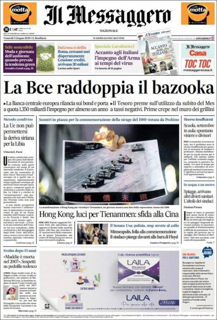 Tapas de diarios, Il Messaggero de Italia, viernes 5 de junio de 2020