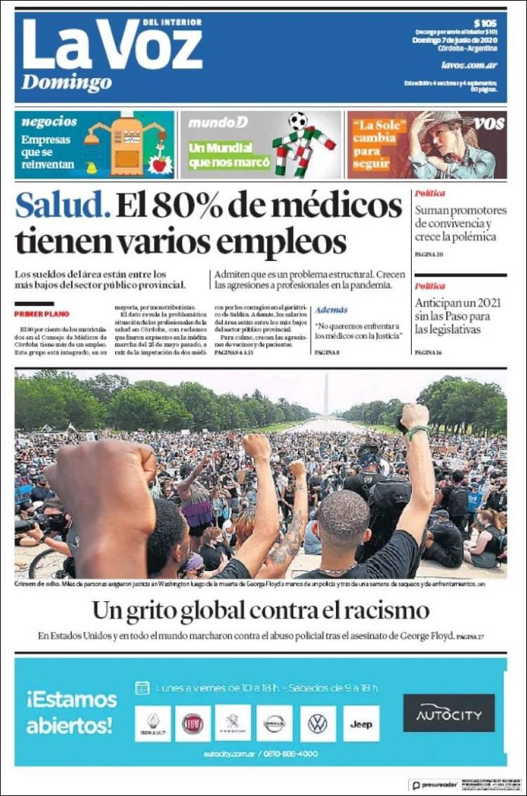 Tapas de diarios, La Voz, domingo 7 de junio