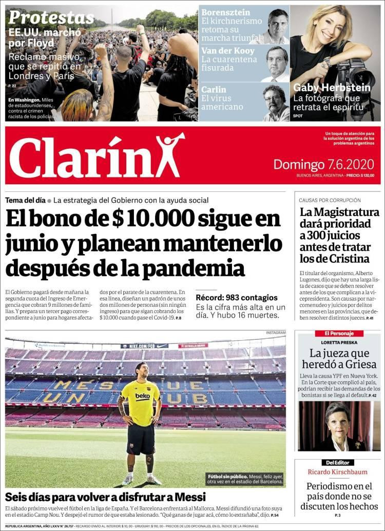 Tapas de diarios, Clarín, domingo 7 de junio