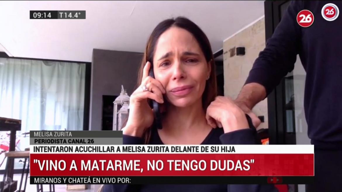Melisa Zurita, relatando episodio de intento de asesinato en Canal 26