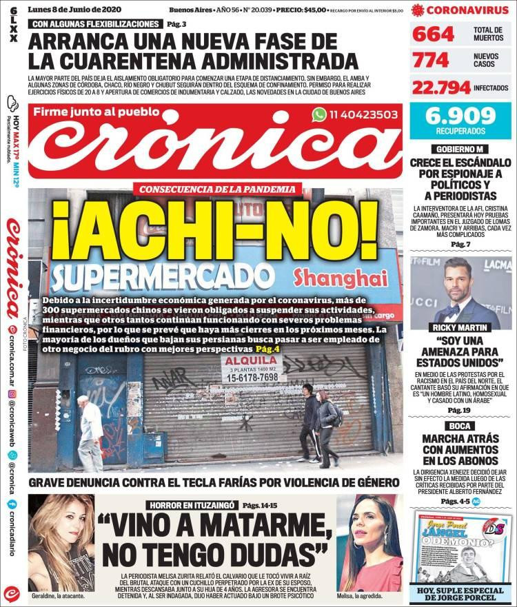 Tapas de diarios, Crónica, lunes 8 de junio de 2020