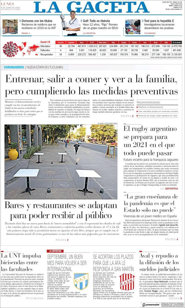 Tapas de diarios, La Gaceta, lunes 8 de junio de 2020