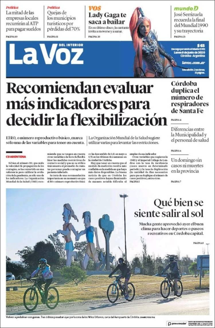 Tapas de diarios, La Voz, lunes 8 de junio de 2020