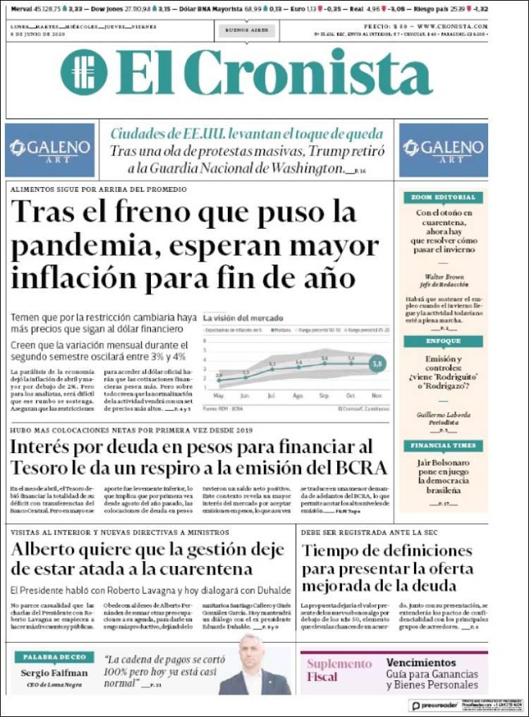 Tapas de diarios, El Cronista, lunes 8 de junio de 2020
