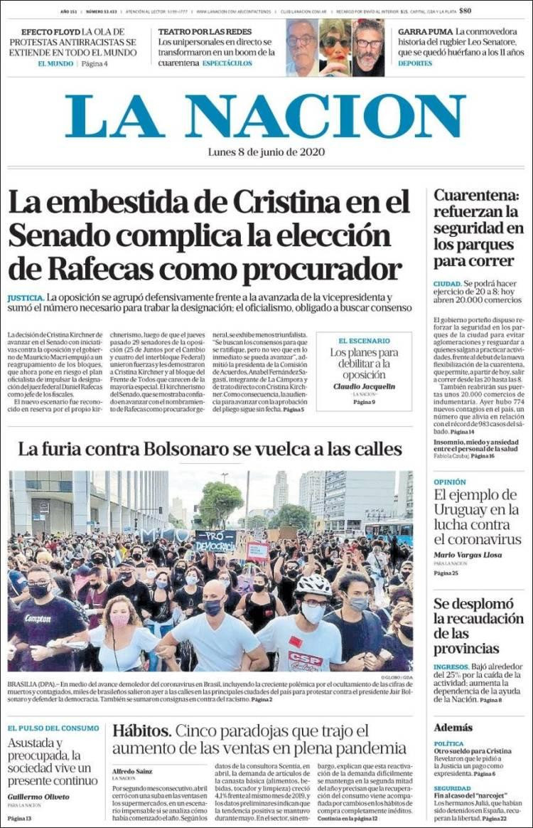 Tapas de diarios, La Nación, lunes 8 de junio de 2020