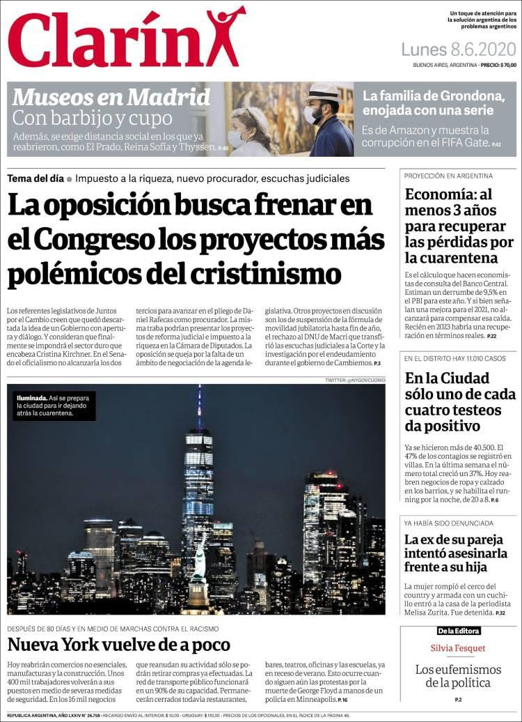 Tapas de diarios, Clarín, lunes 8 de junio de 2020