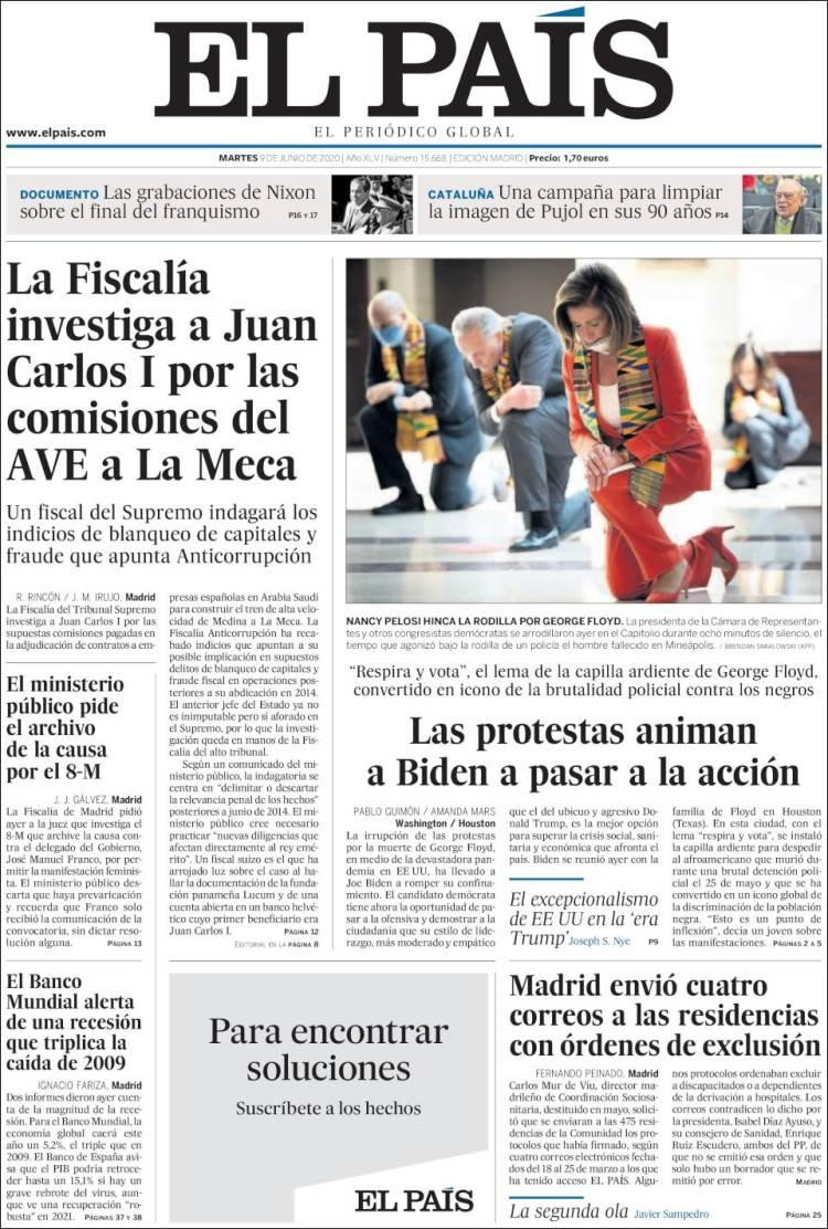 Tapas de diarios, El País, martes 9 de junio de 2020