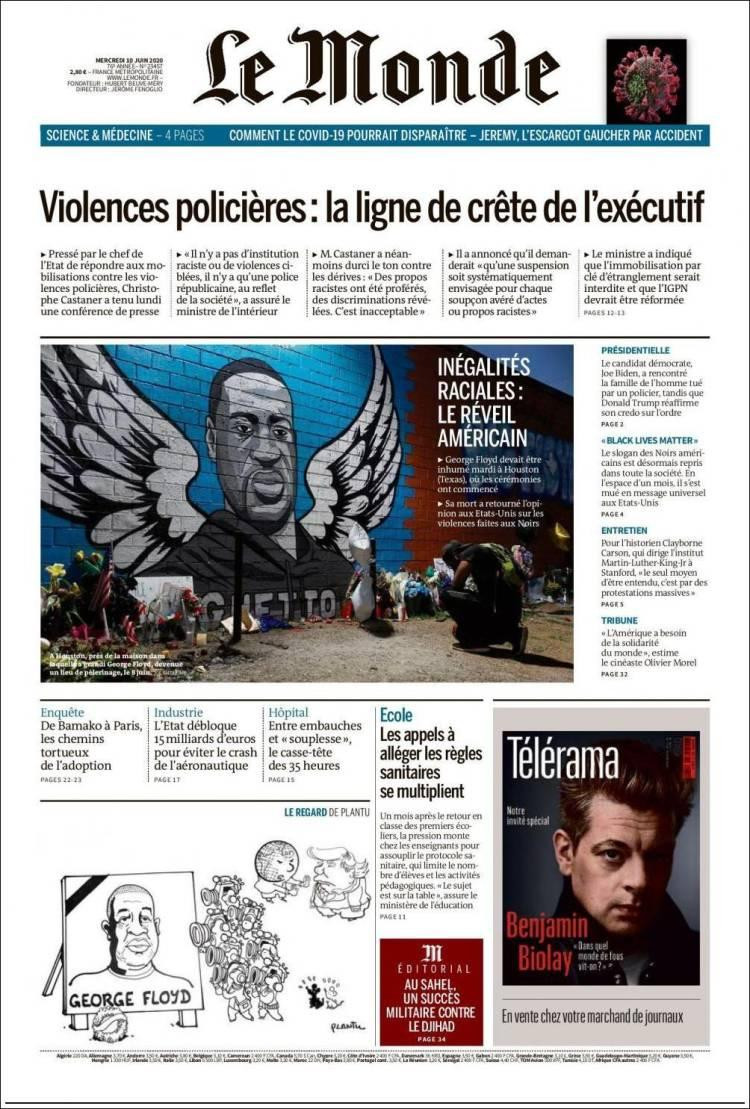 Tapas de diarios, Le monde, miércoles 10 de junio de 2020	