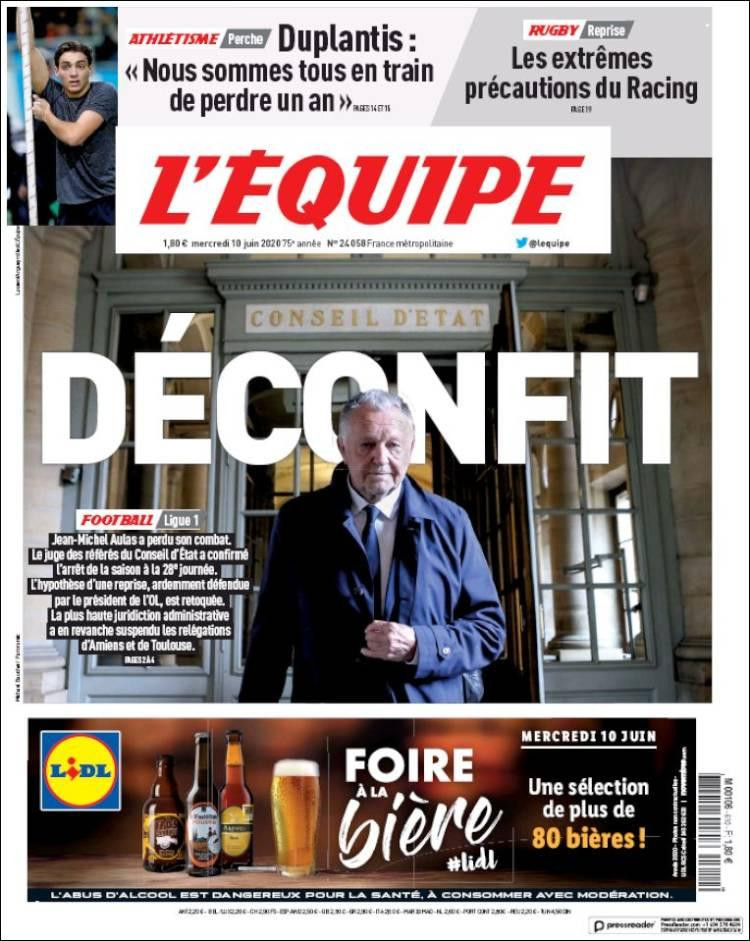 Tapas de diarios, L Equipe, miércoles 10 de junio de 2020	