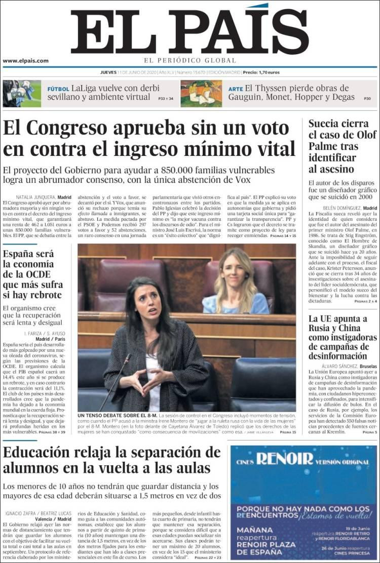 Tapas de diarios, El País, jueves 11 de junio de 2020