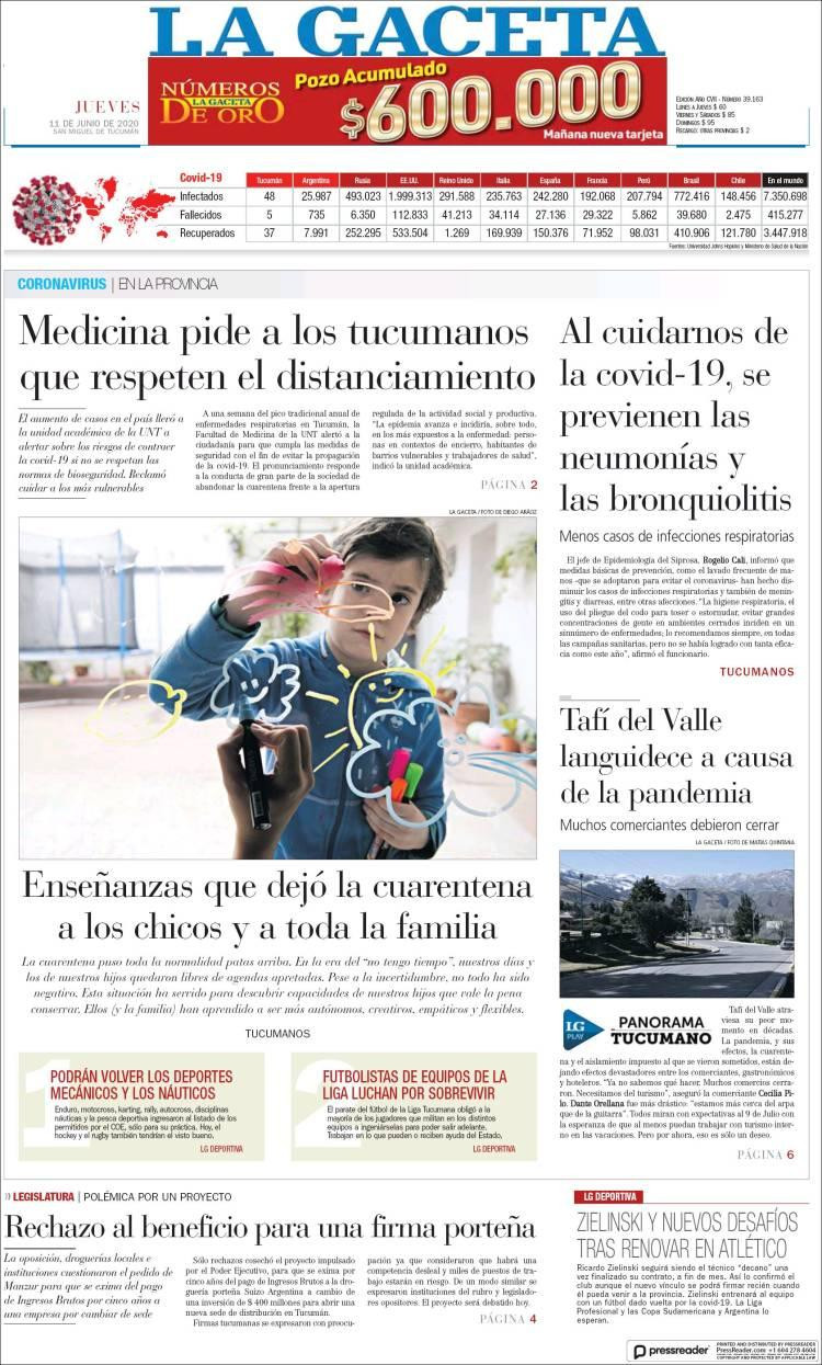 Tapas de diarios, La Gaceta, jueves 11 de junio de 2020