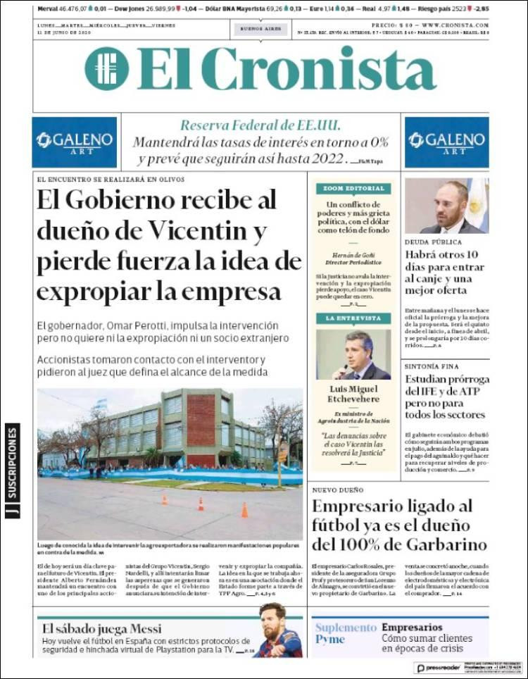 Tapas de diarios, El Cronista, jueves 11 de junio de 2020
