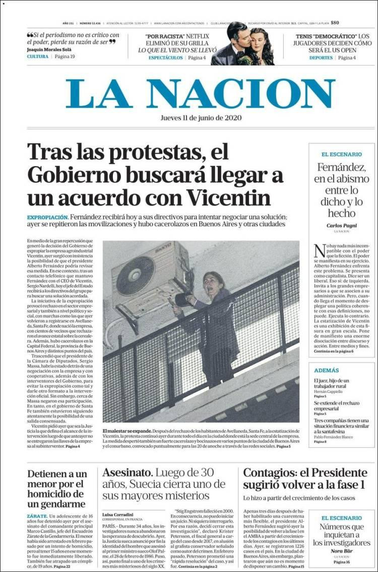 Tapas de diarios, La Nación, jueves 11 de junio de 2020