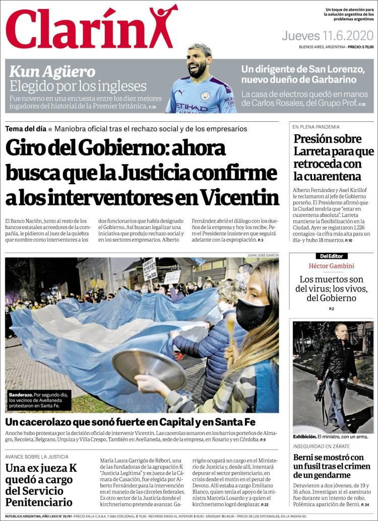 Tapas de diarios, Clarín, jueves 11 de junio de 2020