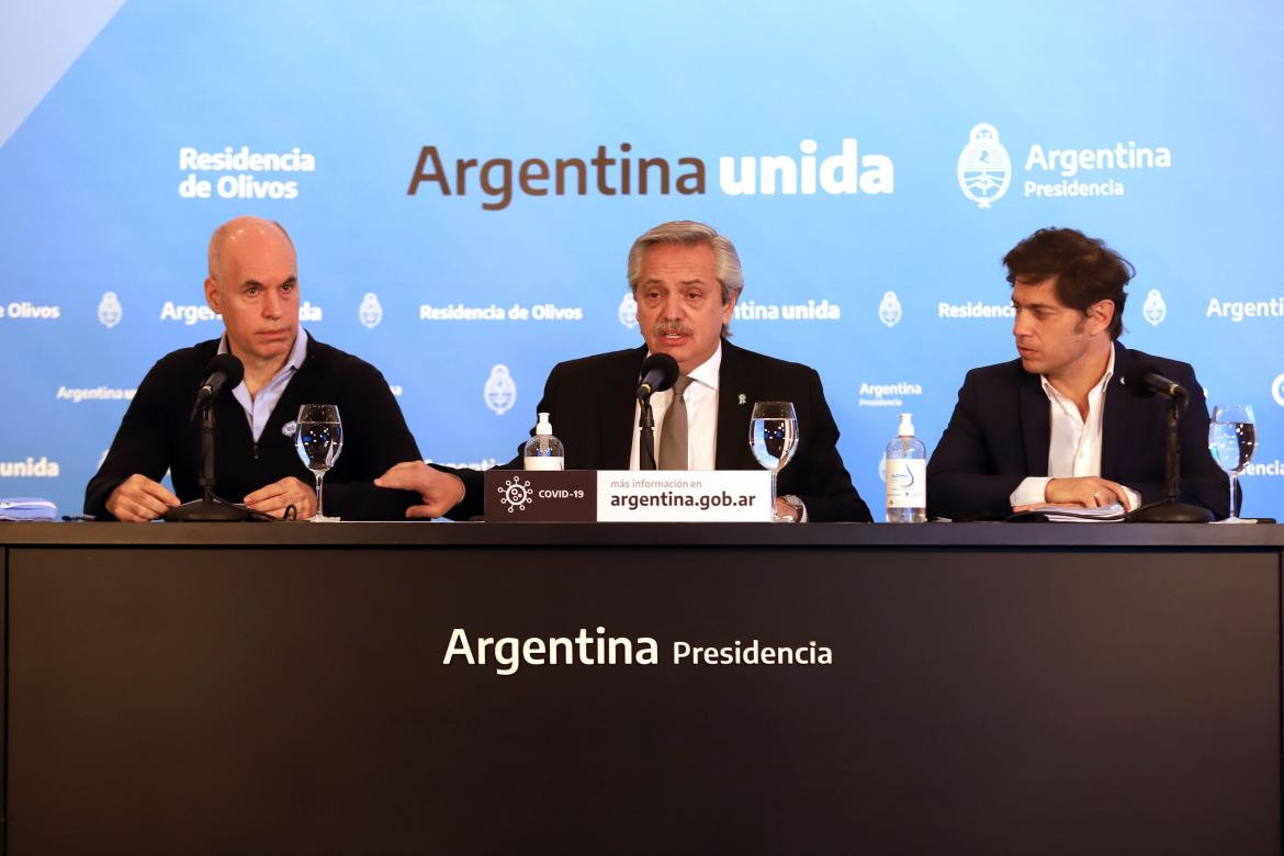 Alberto Fernández, Rodríguez Larreta y Axel Kicillof, Agencia NA