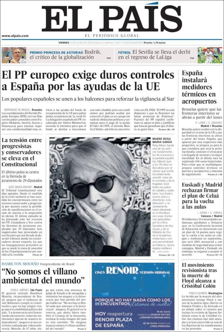 Tapas de diarios, El País, viernes 12 de junio de 2020