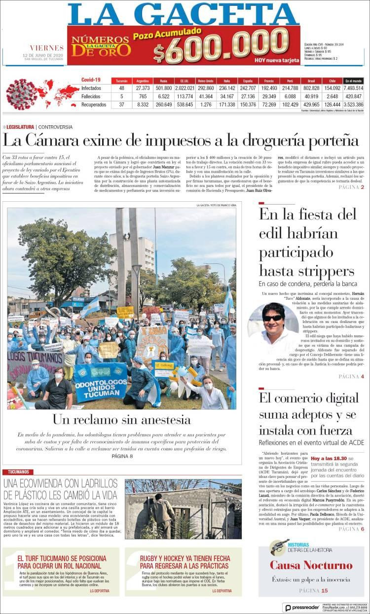 Tapas de diarios, La Gaceta, viernes 12 de junio de 2020