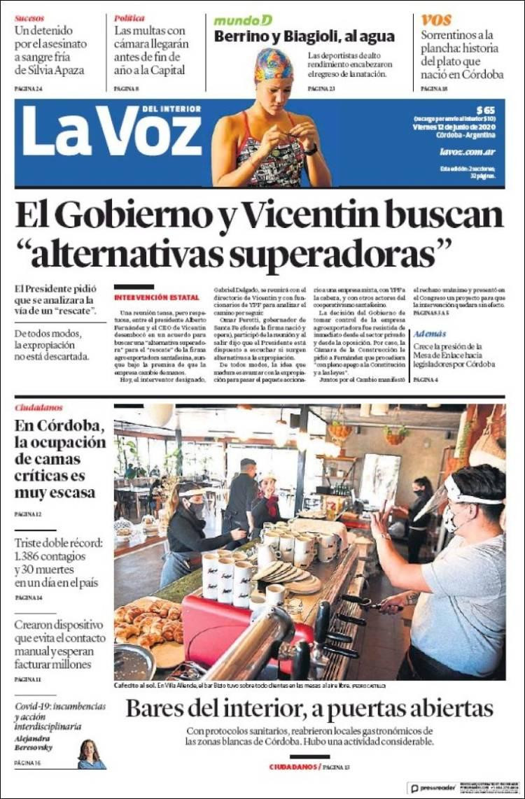 Tapas de diarios, La Voz, viernes 12 de junio de 2020