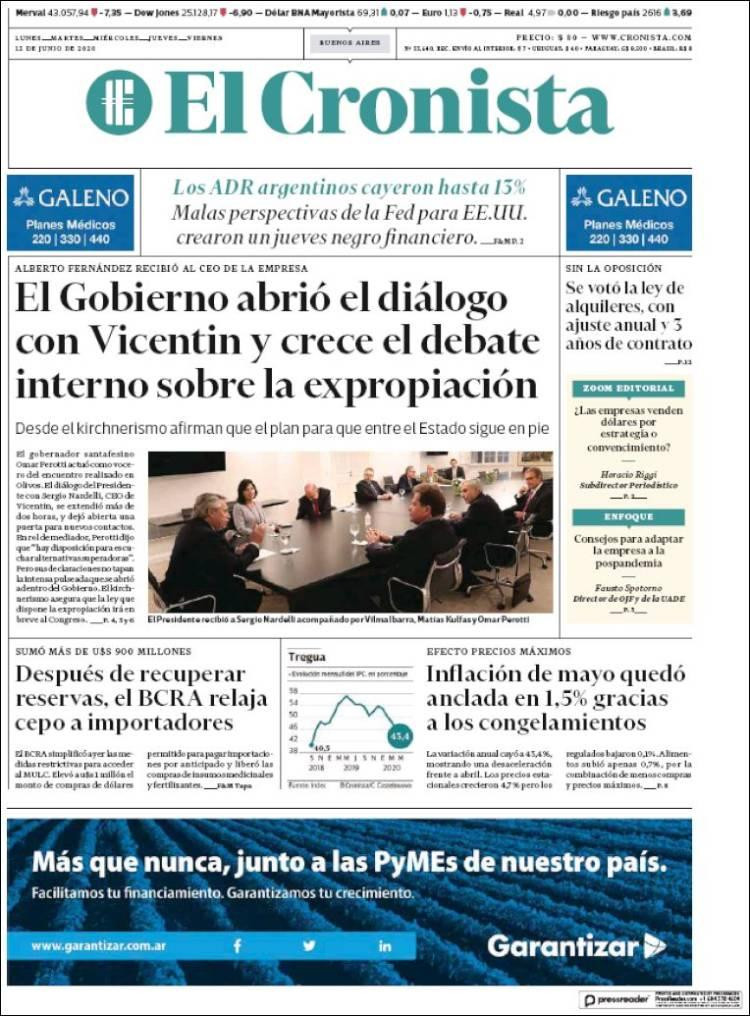 Tapas de diarios, El Cronista, viernes 12 de junio de 2020