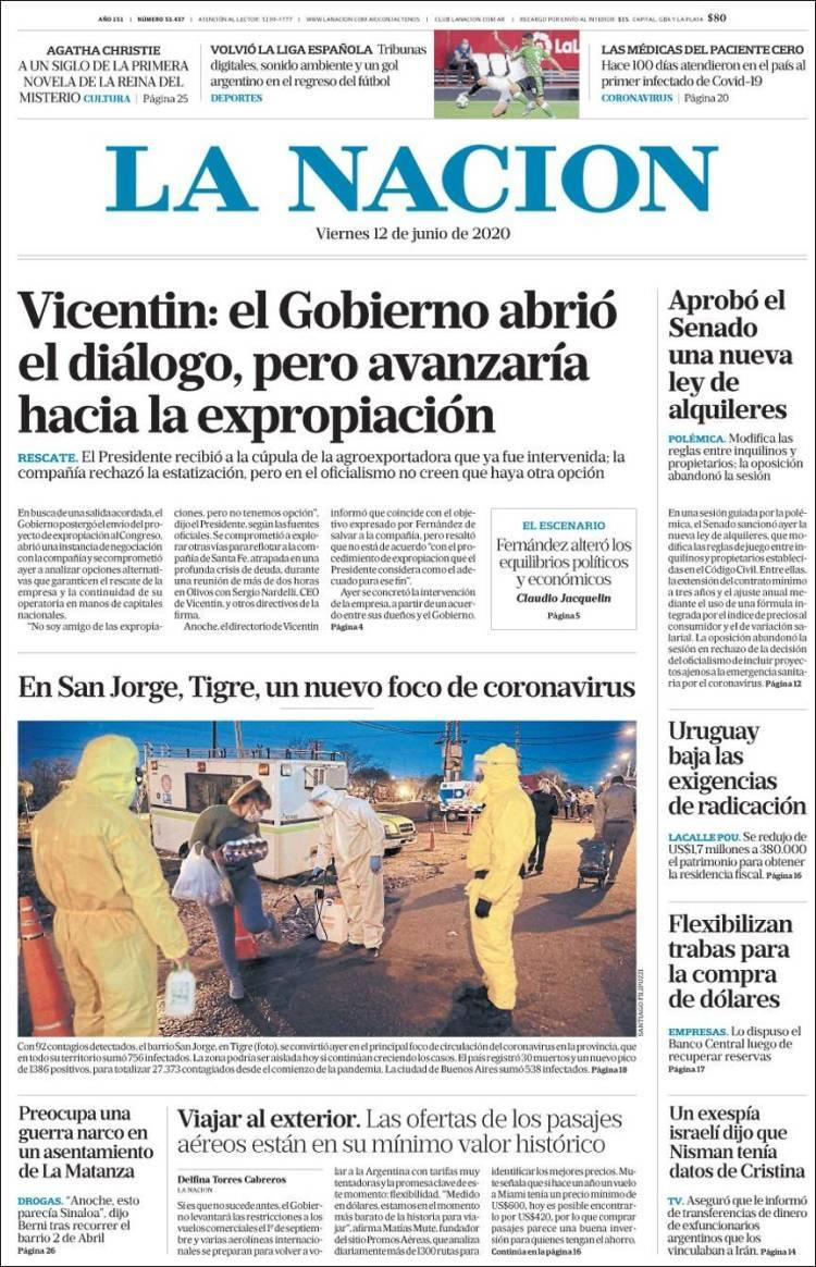 Tapas de diarios, La Nación, viernes 12 de junio de 2020