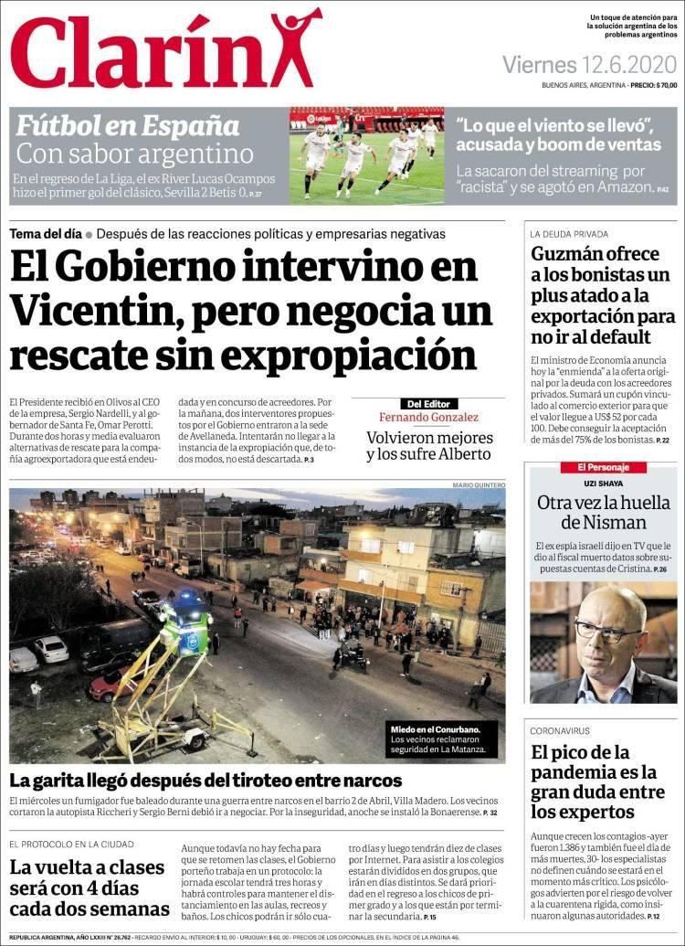 Tapas de diarios, Clarín, viernes 12 de junio de 2020