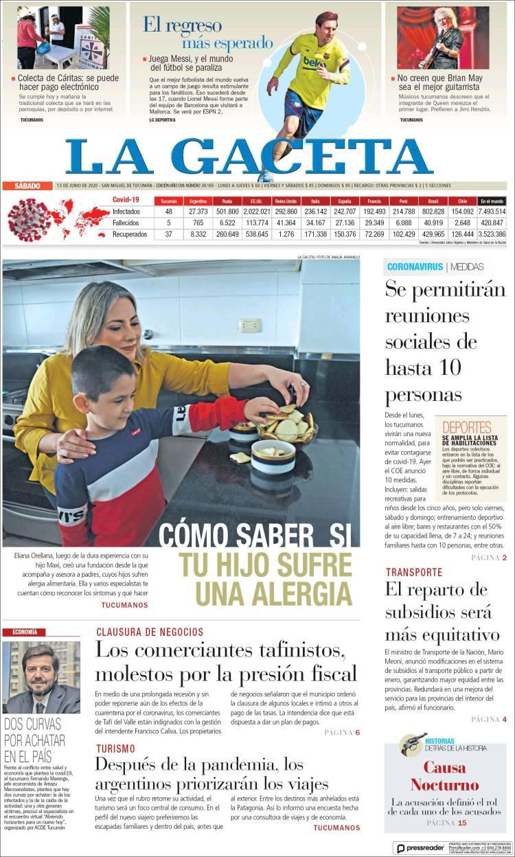 Tapas de diarios, La gaceta, sábado 13 de junio de 2020	
