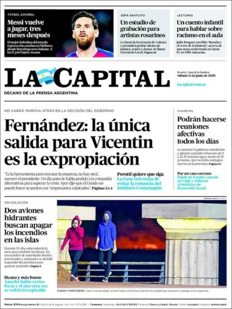 Tapas de diarios, La capital, sábado 13 de junio de 2020	