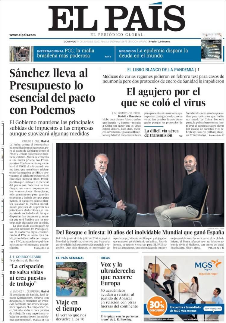 Tapa de diarios, El país, domingo 14 de junio de 2020	