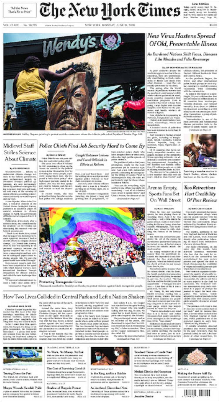 Tapas de diarios, New York Times, lunes 15 de junio de 2020