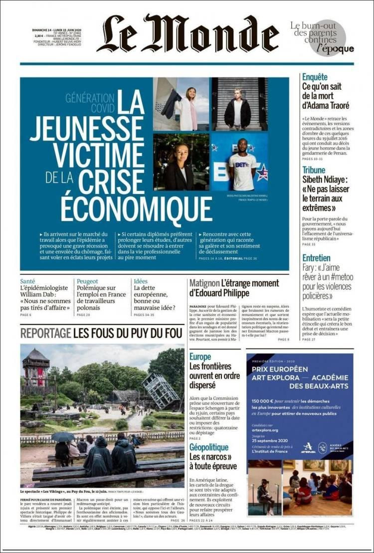 Tapas de diarios, Le Monde, lunes 15 de junio de 2020
