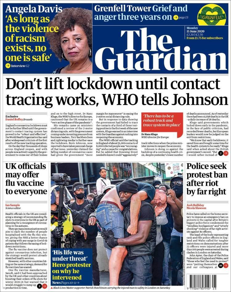 Tapas de diarios, Guardian, lunes 15 de junio de 2020