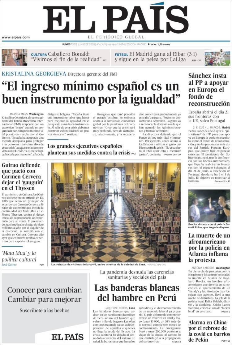Tapas de diarios, El País, lunes 15 de junio de 2020
