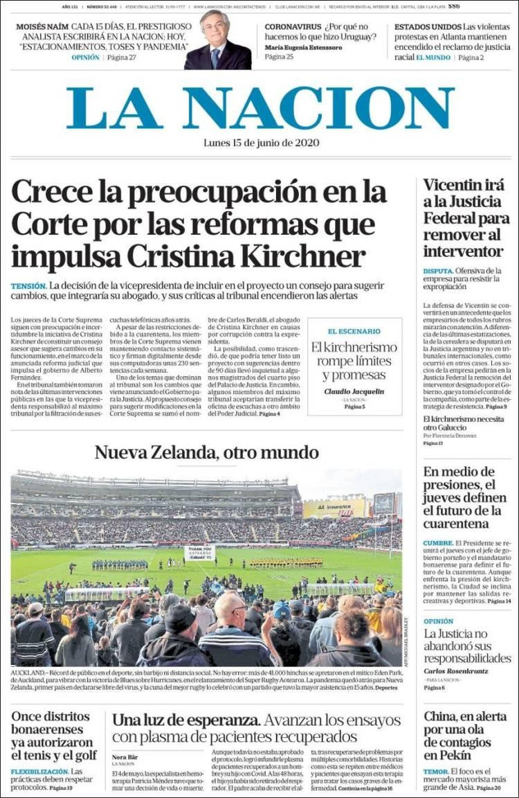 Tapas de diarios, La Nación, lunes 15 de junio de 2020