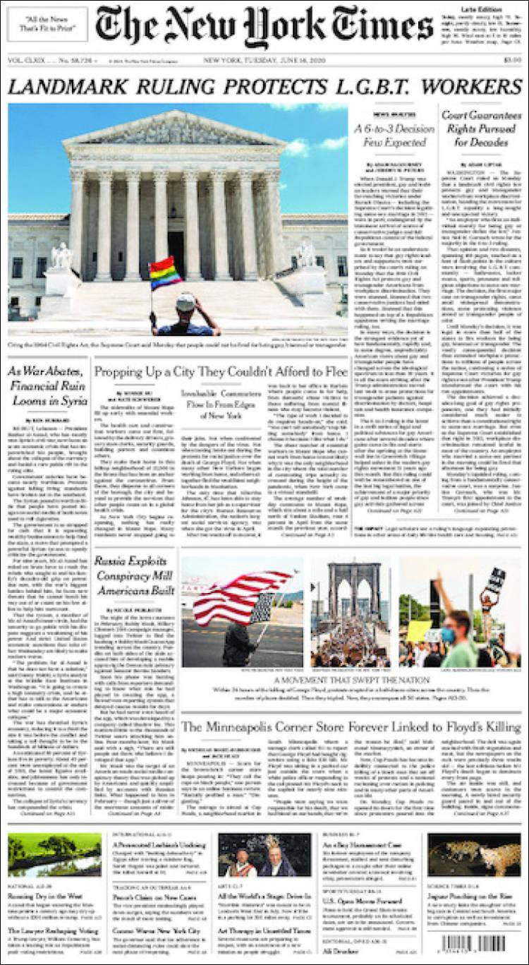 Tapas de diarios, New York Times, martes 16 de junio de 2020