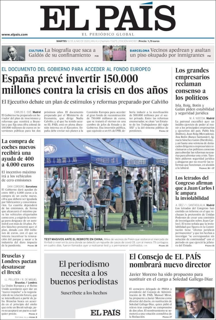 Tapas de diarios, El País, martes 16 de junio de 2020