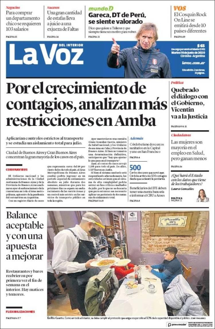 Tapas de diarios, La Voz, martes 16 de junio de 2020