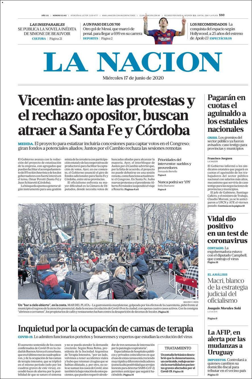 Tapas de diarios, La Nación, miércoles 17 de junio de 2020
