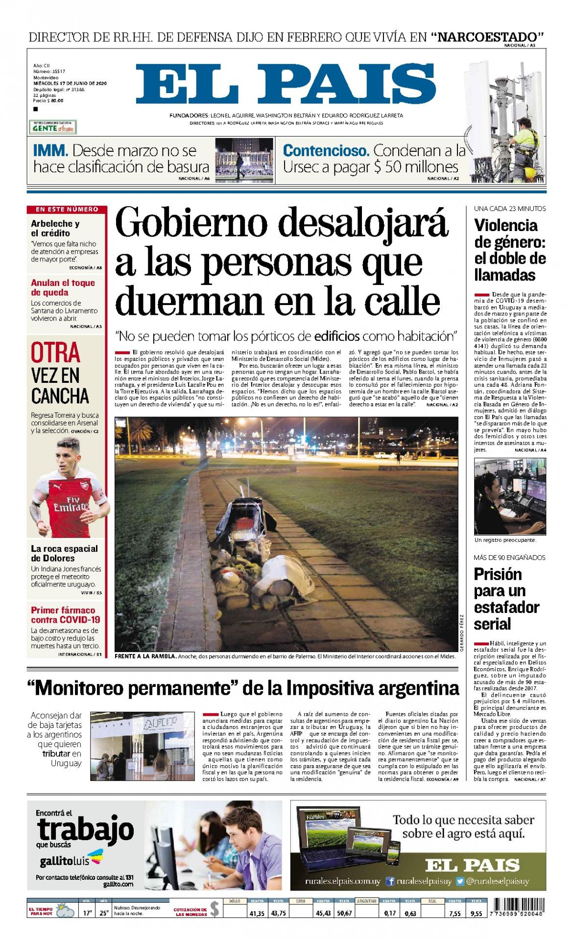 Tapas de diarios, El Pais de Uruguay, miércoles 17 de junio de 2020