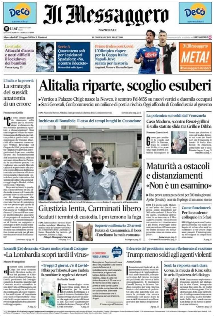 Tapas de diarios, Il Messaggero de Italia, miércoles 17 de junio de 2020
