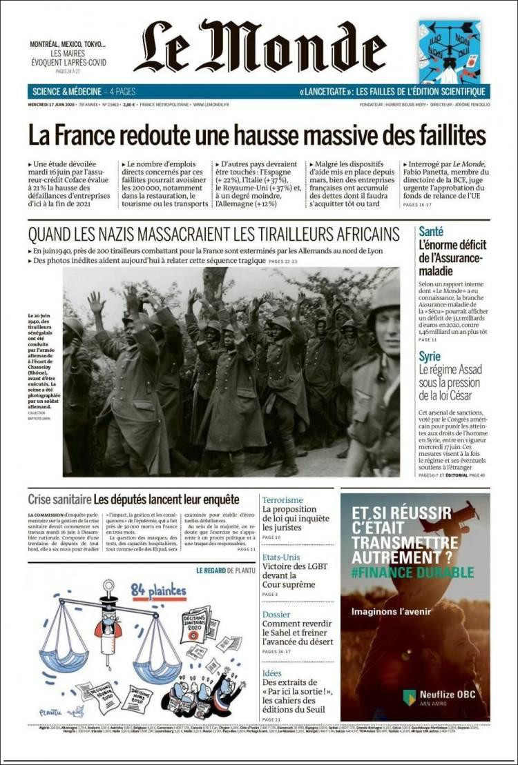 Tapas de diarios, Le Monde de Francia, miércoles 17 de junio de 2020
