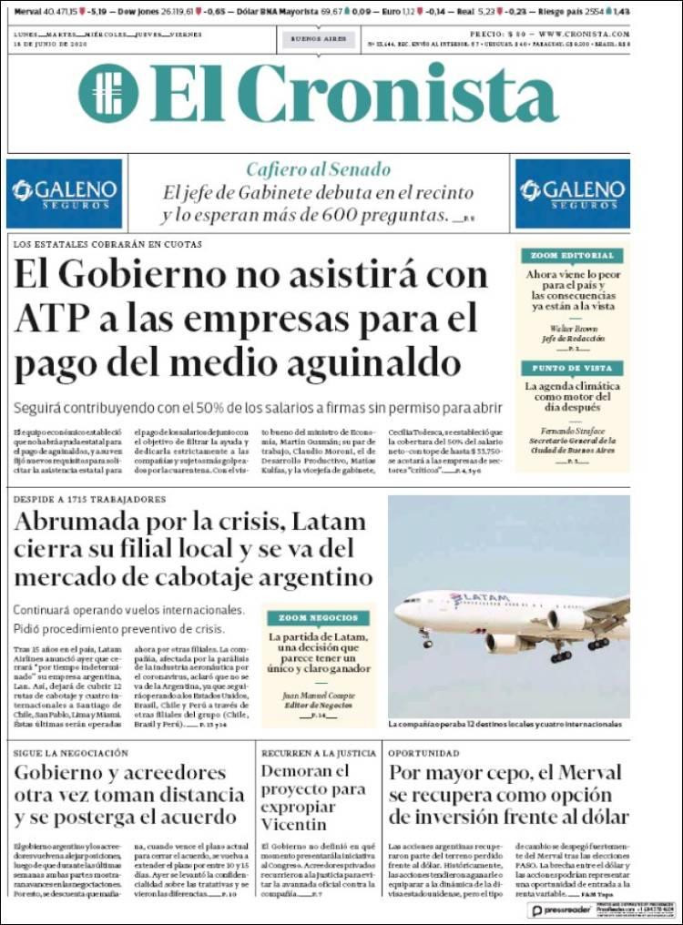 Tapas de diarios, El Cronista, jueves 18 de junio de 2020