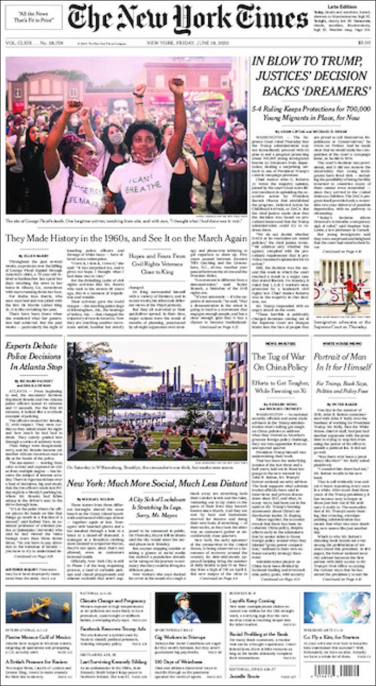 Tapas de diarios, New York Times, viernes 19 de junio de 2020