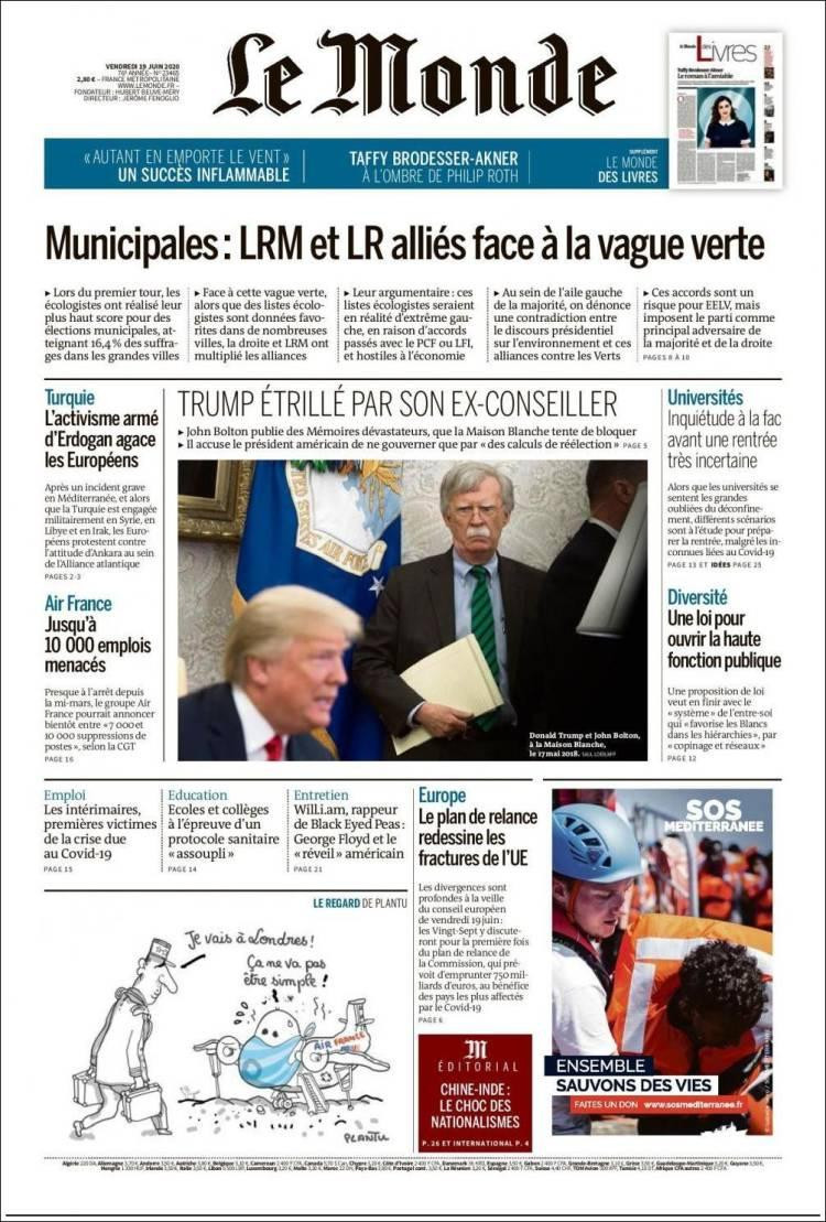 Tapas de diarios, Le Monde, viernes 19 de junio de 2020