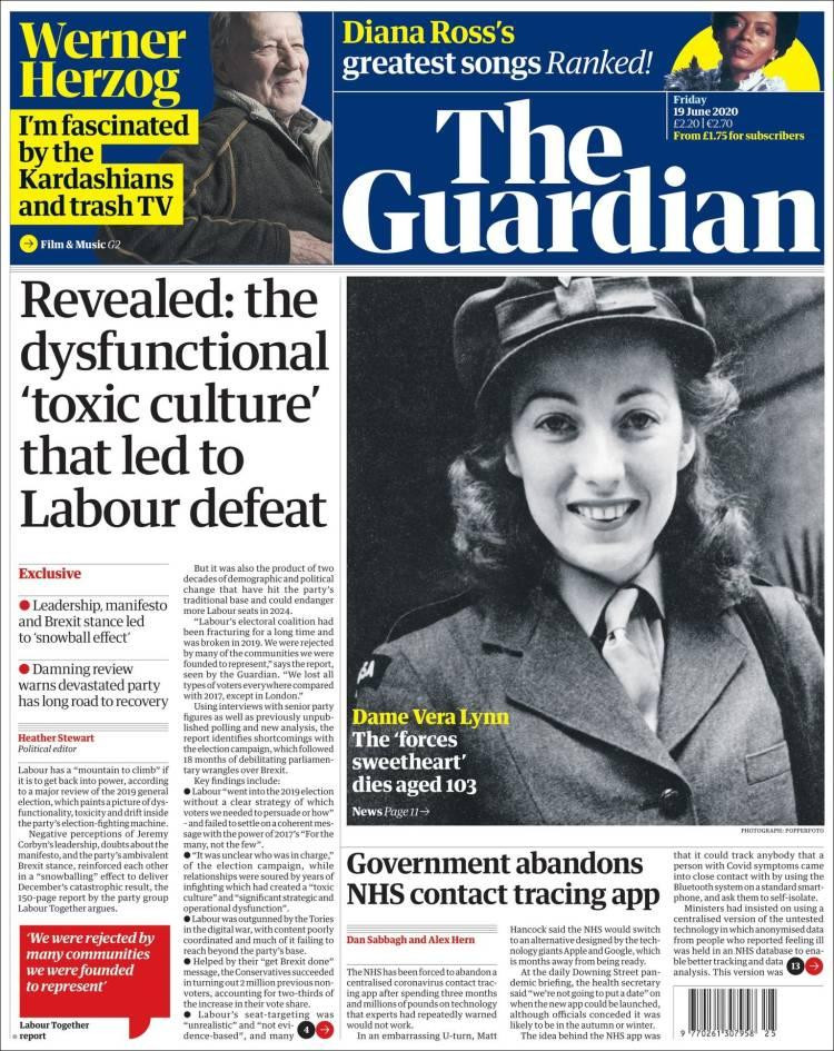 Tapas de diarios, Guardian, viernes 19 de junio de 2020