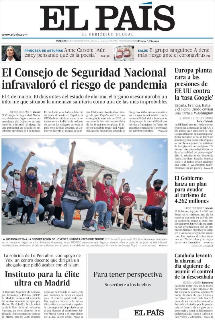 Tapas de diarios, El País, viernes 19 de junio de 2020