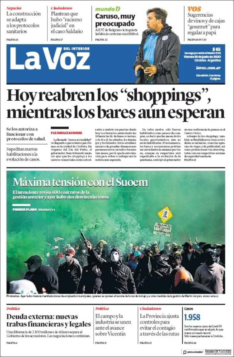 Tapas de diarios, La Voz, viernes 19 de junio de 2020