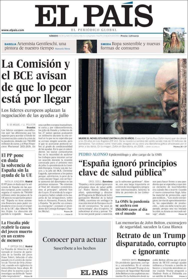 Tapas de diarios, El Pais de España, sábado 20 de junio de 2020