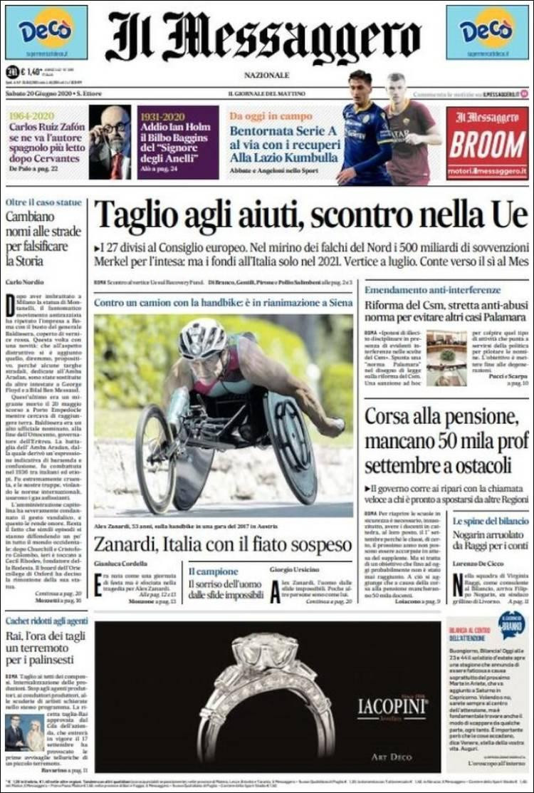 Tapas de diarios, Il Messaggero de Italia, sábado 20 de junio de 2020