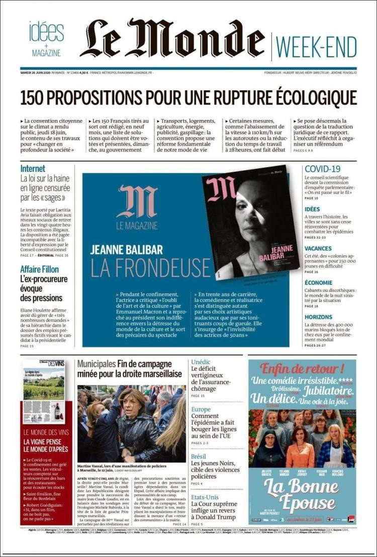 Tapas de diarios, Le Monde de Francia, sábado 20 de junio de 2020